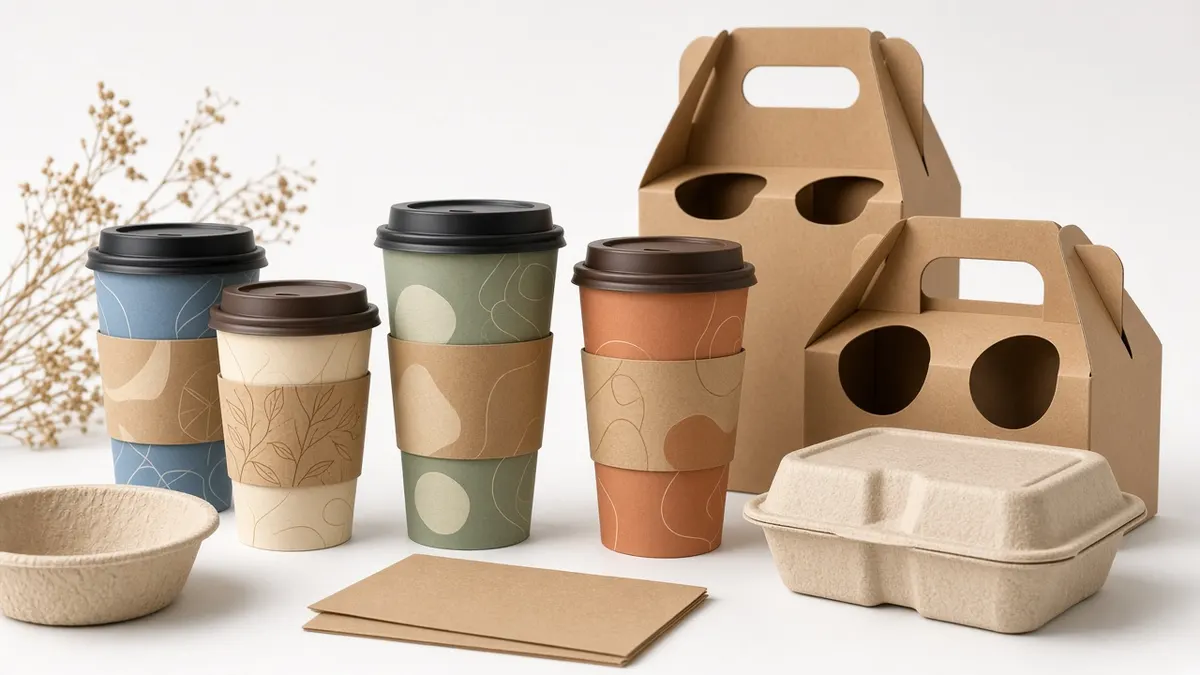 Custom printed takeaway cups and kraft sleeves showing cup packaging design options