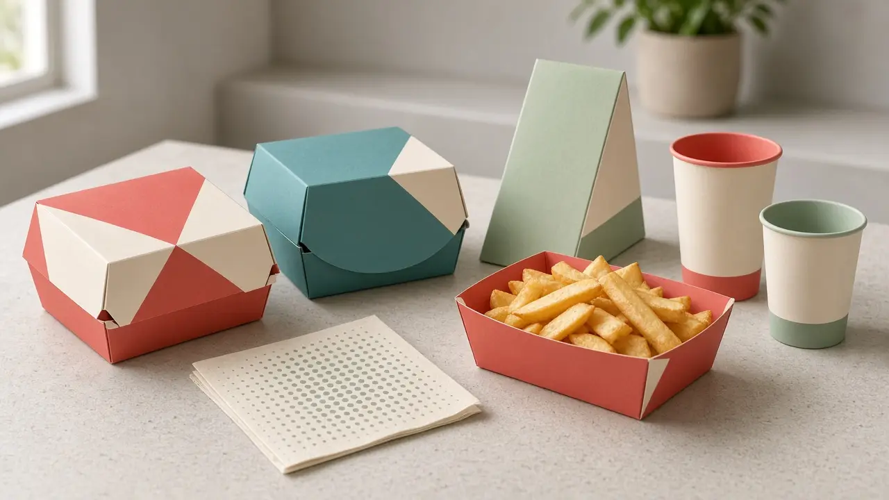 Custom Takeaway Packaging UK illustrated with branded trays, cartons and cups. Not Axis Packaging stock.