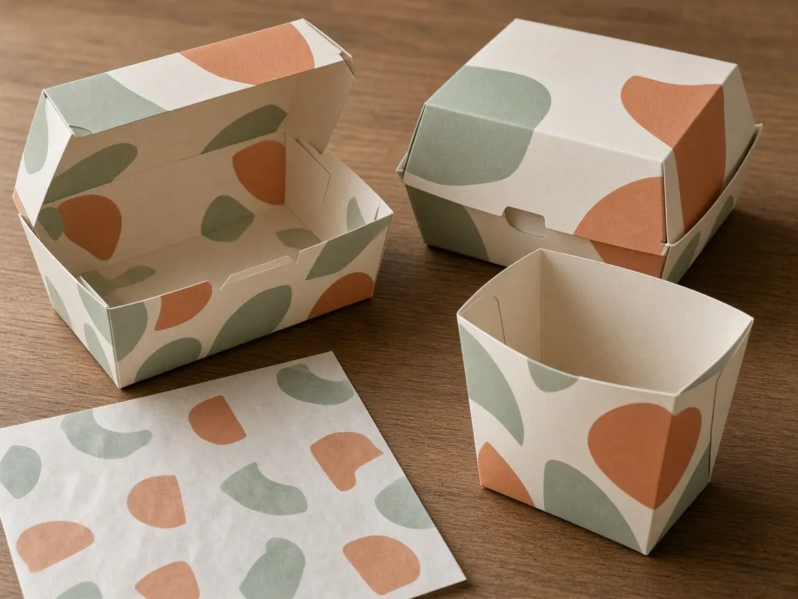 Illustrated open carton, burger box, food tray and printed sheet for comparing takeaway formats. Not Axis Packaging stock.