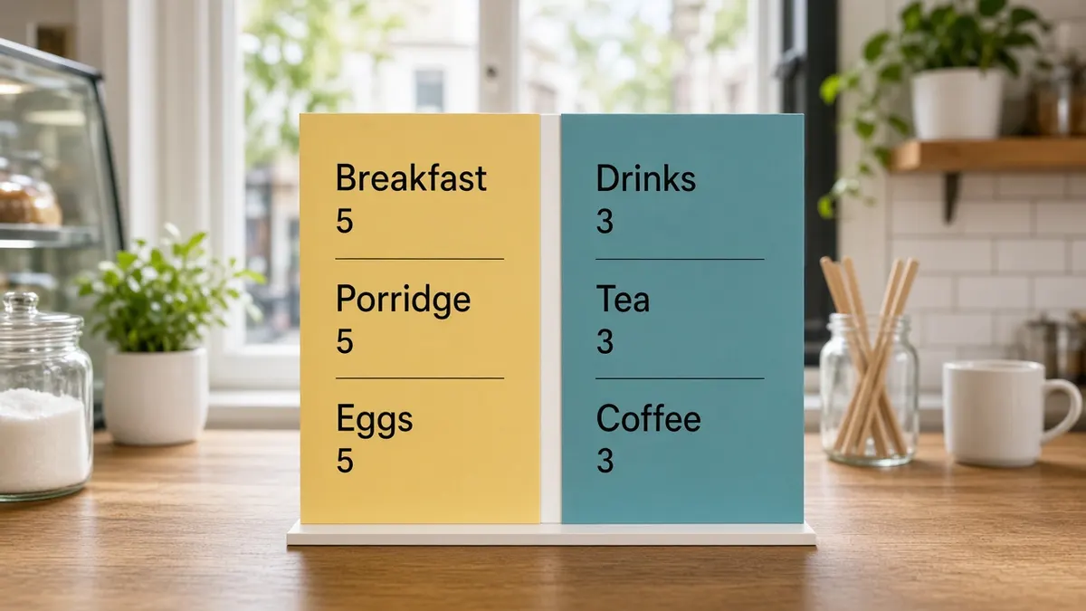 Teal and warm-yellow café menu with breakfast and drinks in separate panels. Illustrative concept, not Axis Packaging stock.