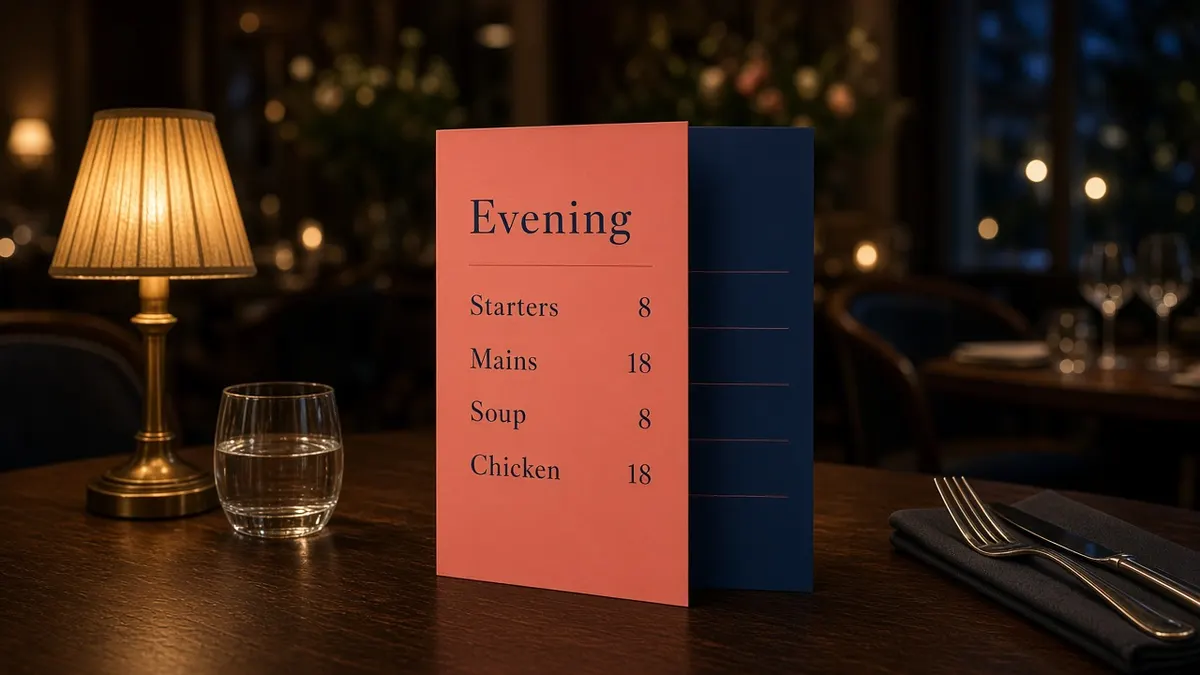 Restaurant Menu Card Design Ideas shown as a coral and navy table card in a dining room. Illustrative concept, not Axis Packaging stock.