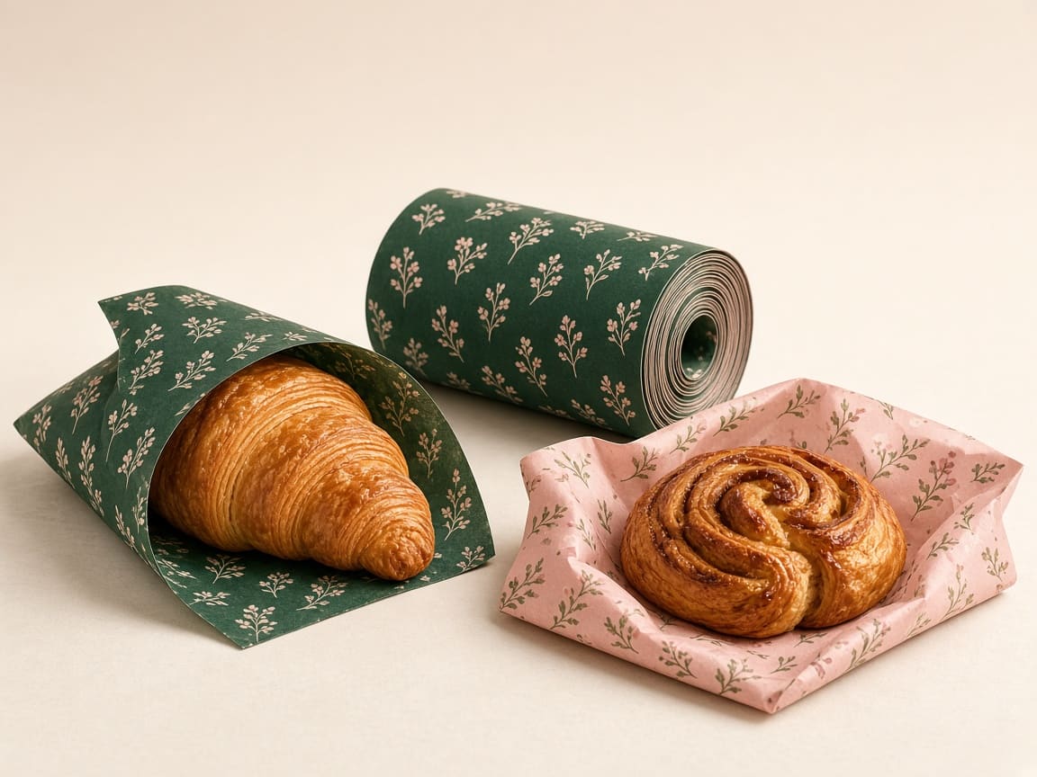 Printed green and blush greaseproof paper wrapping a croissant and a pastry