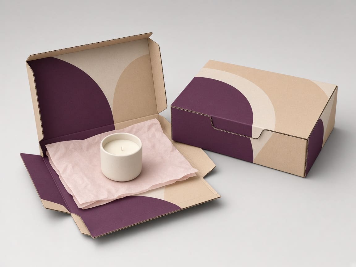 Printed plum and sand mailer boxes with one open around tissue and a candle