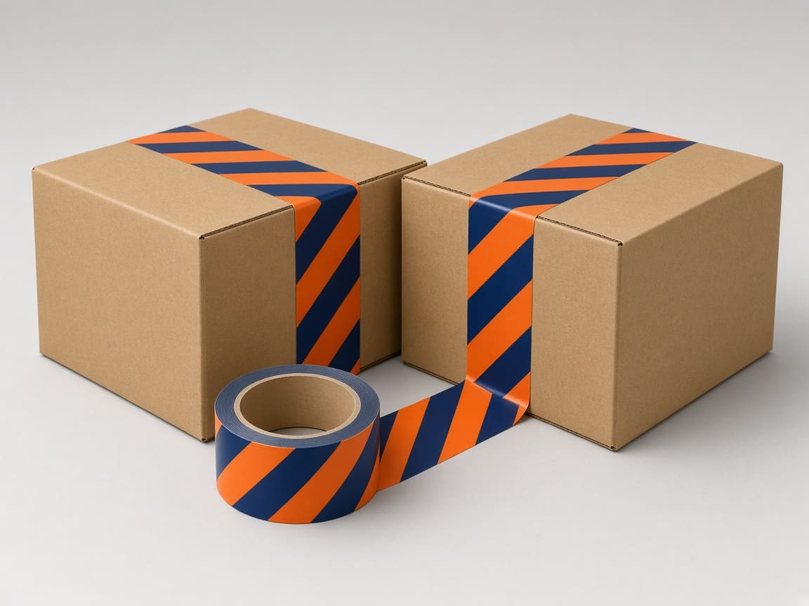 Navy and orange printed packing tape sealing two brown cartons