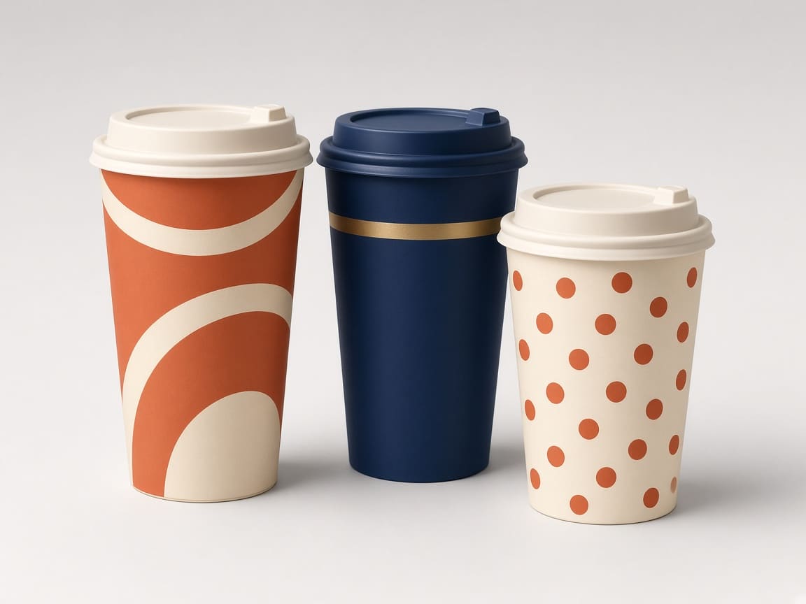 Printed terracotta navy and cream paper cups for cafe service