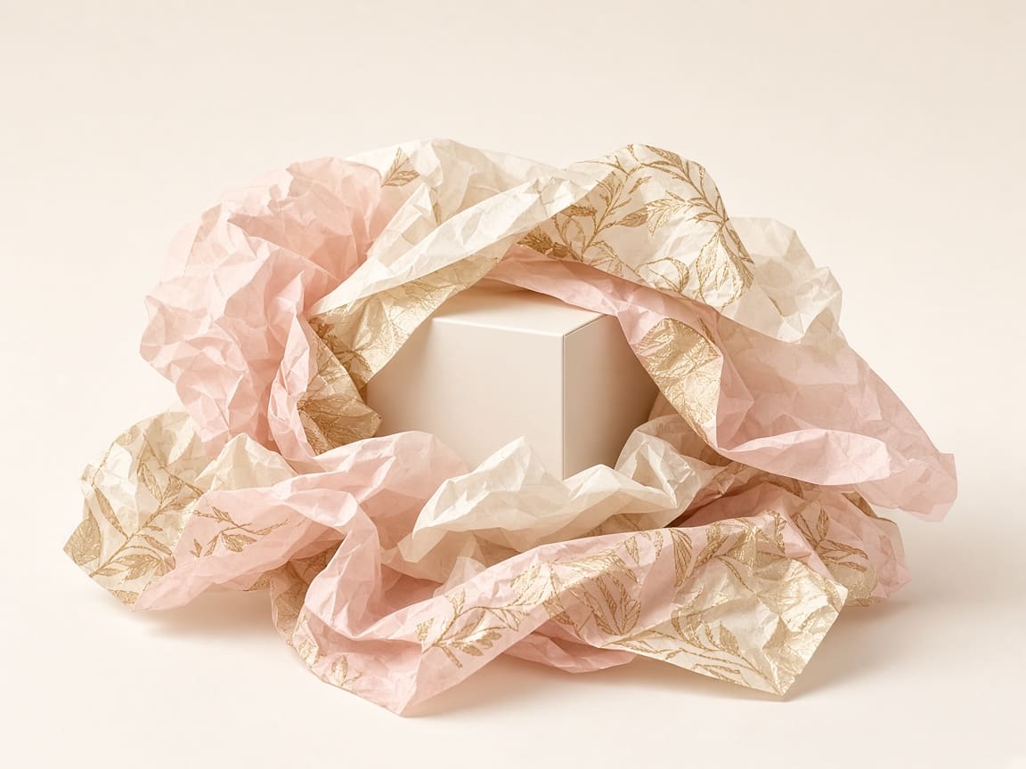 Blush and gold printed tissue paper wrapped around a small gift box