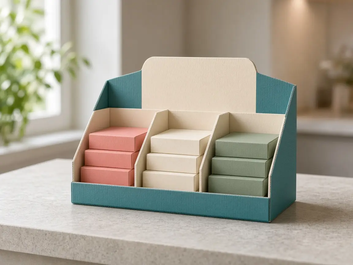 Custom Pop Display Boxes UK illustrated as a teal cardboard countertop display
